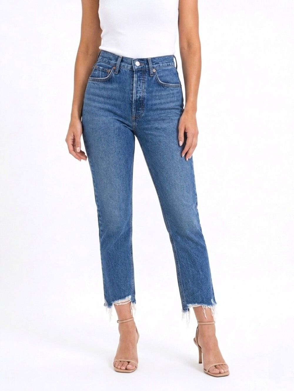 Agolde Riley High Rise Straight Raw Hem Crop Jeans Medium Wash Size 24